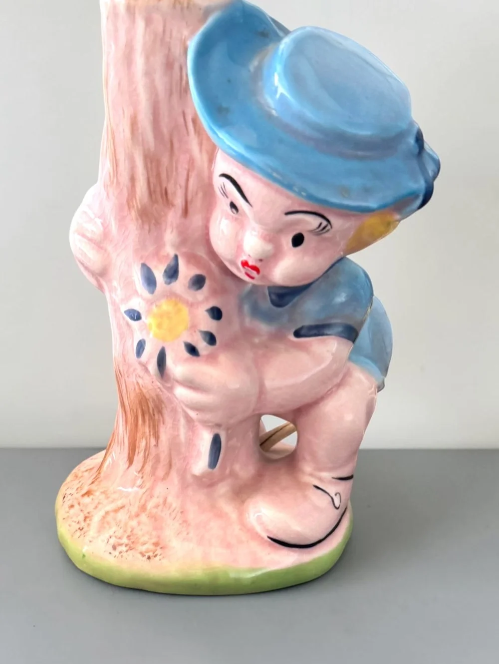 Vintage Ceramic Figural Lamp Base with Boy by Tree